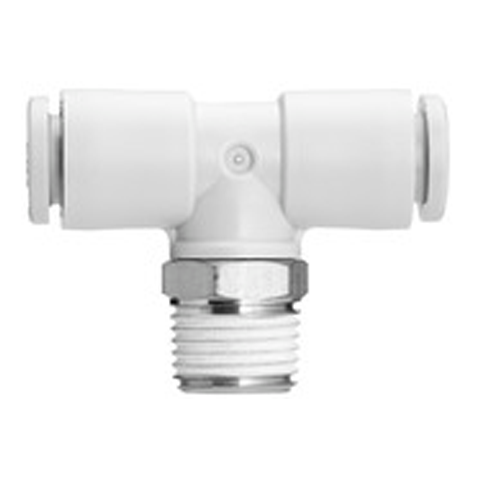 19060203 Tee Connector - Push in/ Thread Tee Push-in fittings are suitable to ensure a quick connection pneumatic system and are designed to combine or split flows at a 90 degree angle to the main line.