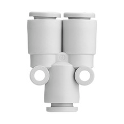 19060330 Y Connector - Reducing Y Push-in fittings are suitable to ensure a quick connection pneumatic system and are designed to combine or split flows to the main line.