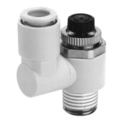 19060605 Swivelling Connector - Throttle Swivelling 360 degree with non-return valve Push-in fittings with a Swivelling non-return valve  are suitable to ensure a quick 360 degree connection in a pneumatic system.