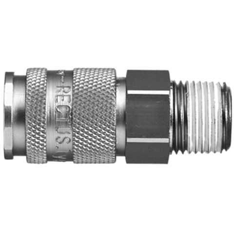 45251000 Coupling - Single Shut-off - Male Thread Rectus and Serto Single shut-off quick couplers work without a valve in the nipple but with a valve in the quick coupler. The flow is stalled when the connection is broken. (Rectus KA serie)