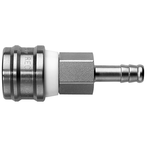 47580580 Coupling - Single Shut-off - Hose Barb Rectus and Serto Single shut-off quick couplers work without a valve in the nipple but with a valve in the quick coupler. The flow is stalled when the connection is broken. (Rectus KA serie)