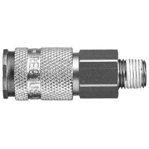 48671000 Coupling - Single Shut-off - Male Thread Rectus and Serto Single shut-off quick couplers work without a valve in the nipple but with a valve in the quick coupler. The flow is stalled when the connection is broken. (Rectus KA serie)