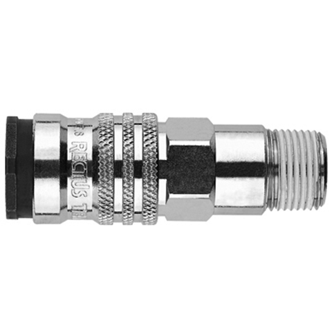 48901585 Coupling - Single Shut-off - Male Thread Rectus and Serto Single shut-off quick couplers work without a valve in the nipple but with a valve in the quick coupler. The flow is stalled when the connection is broken. (Rectus KA serie)